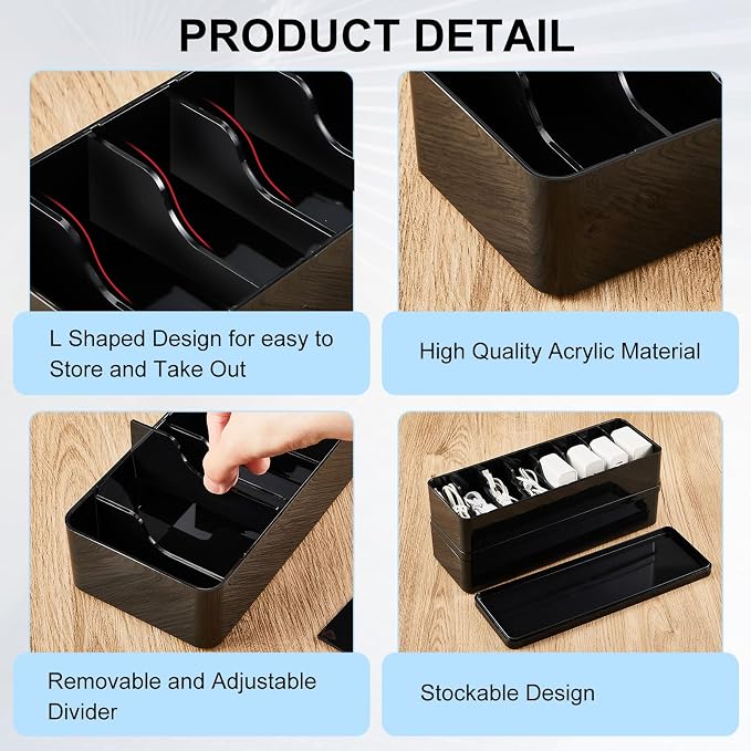 Tatuo 2 Pcs Cord Organizer for Drawer Desktop, Cable Organizer Box with 8 Compartments and Wire Ties, Plastic Charger Storage with Lid, Electronics Case for Home Office Accessories (Small,Black)