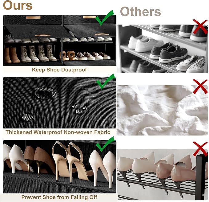 2 by 7 Tier Shoe Cabinet, 42-Pair Storage for Closet, Black | Removable layer fits tall boots. Split into 2 units for different spots. Door keeps shoes clean.