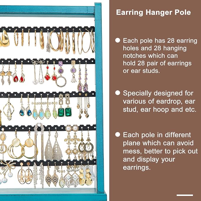 Poyilooo Earring Organizer Stand, Rustic Wood Earring Holder Rack, 5 Layer Jewelry Holder Organizer with 270 Earring Tree Holes Display for Stud Earings & Hoop Earrings, Gifts for Women (Teal)
