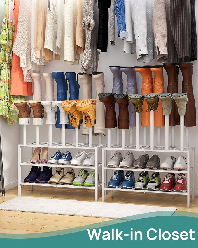 viewcare White Boot Rack, Boot Rack Organizer Tall Boots with Shoe Rack for Closet, Bamboo Wood Shoe Shelf Storage Organizer for Entryway