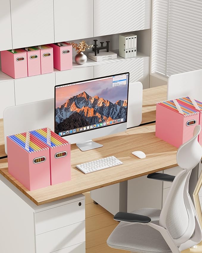 Oterri File Organizer Box, Portable Collapsible Cardboard File Folder Organizer with Handle for Letter Size Hanging Files, Document Storage Box for Home Office & Classroom (4 Packs, Pink)