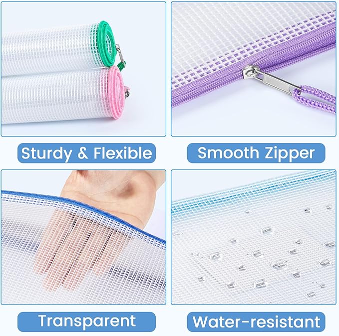 Sooez 20 Pack Mesh Zipper Pouch Bags, A4 Letter Size, Zipper Bags with Label Pocket, Waterproof Bag for Classroom Organizer, School Office Teacher Supplies, Storage Pouches for Board Game Toy Storage