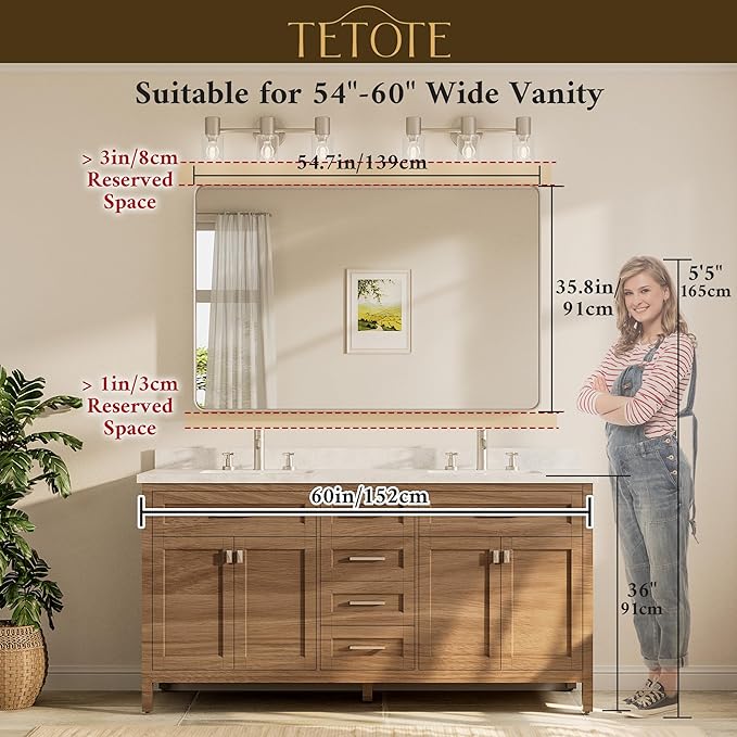 TETOTE 55 x 36 Inch Bathroom Mirror, Brushed Brass Gold Vanity Mirror, Modern Rectangle Metal Frame Decorative Wall Mirror for Entryway Shatterproof (Horizontal/Vertical)