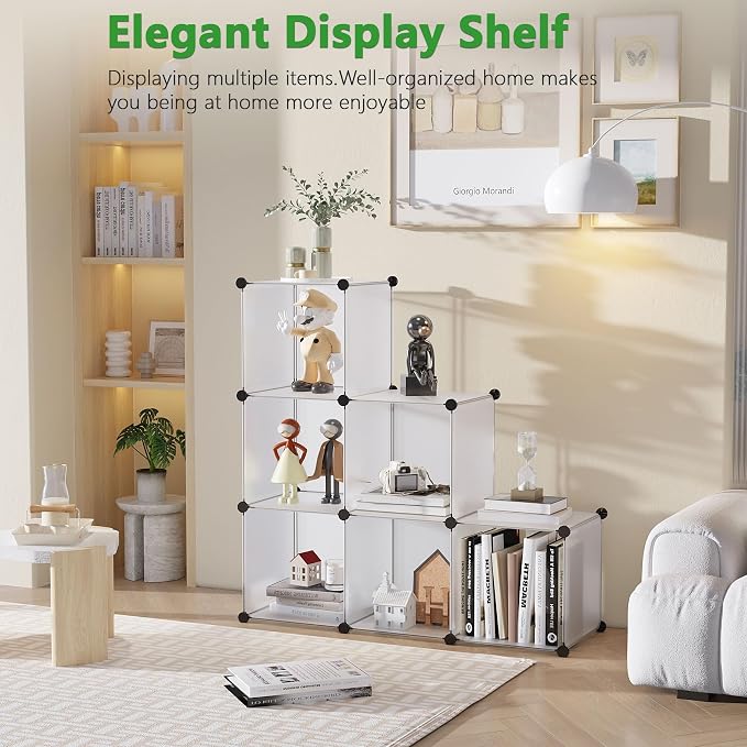 C&AHOME Cube Storage Organizer, 6-Cube Shelves Units, Closet Cabinet, DIY Plastic Modular Book Shelf, Ideal for Bedroom, Living Room, Office, 36.6" L x 12.4" W x 36.6" H Translucent White SBTM3506A