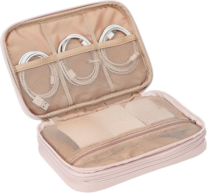 NISHEL Travel Cord Organizer Case, Double Layers Tech Electronic Bag, Essentials for Charger, Cable, Phone, Flash drive, Large, Pink