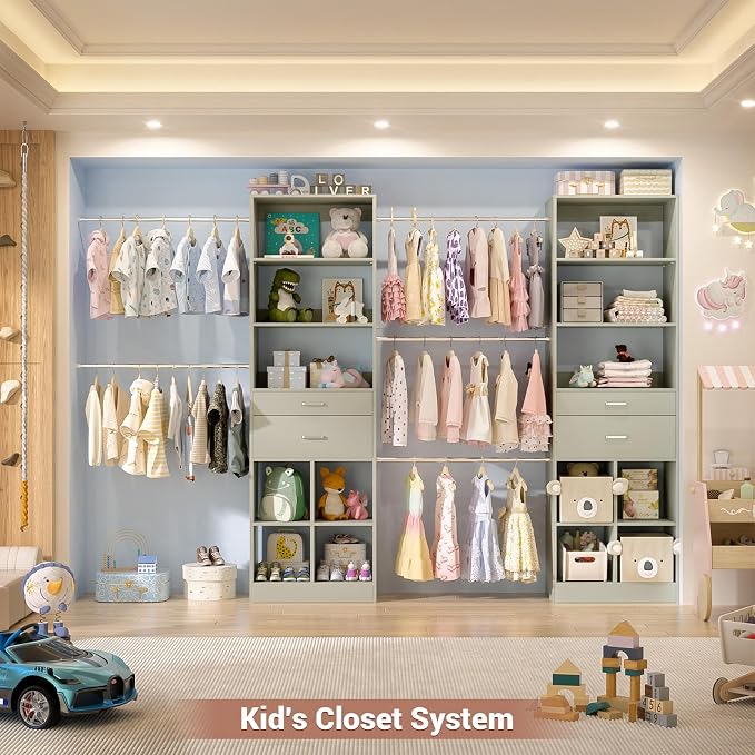 Besiost Closet System, 7.4ft-10ft with 4 Wooden Drawers and 5 Hanging Rods, Can Fit 88 to 123 inch Walk-in Closet System, Crab Green