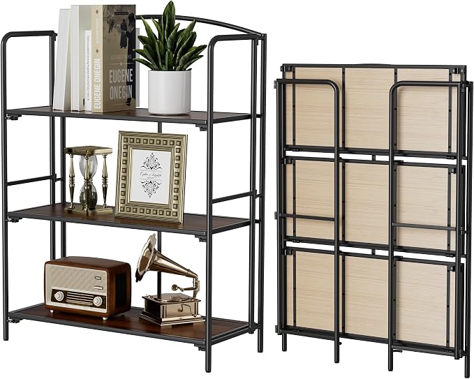 Crofy 3-Tier Wider Foldable Bookshelf, Black Frame & Walnut Shelves | No-Assembly Collapsible Portable Storage Organizer; Sturdy Walnut Finish Shelves; Ideal for Living Room & Home Office