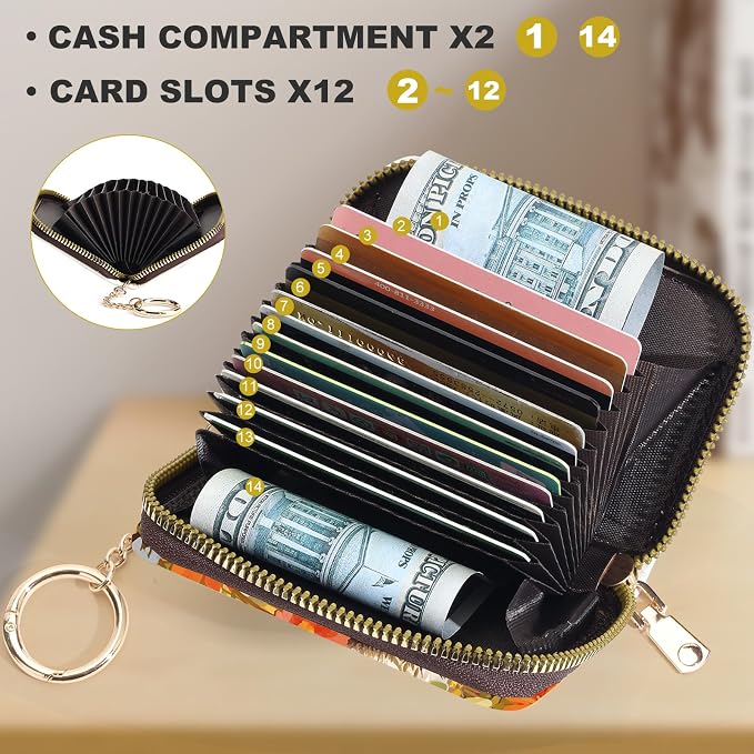 Credit Card Holder for Women,Small Rfid Wallet with Keychain Zipper,Cute PU Leather Card Case Wallet，Accordion Credit Card Wallets Gift,Flowers and Cats C