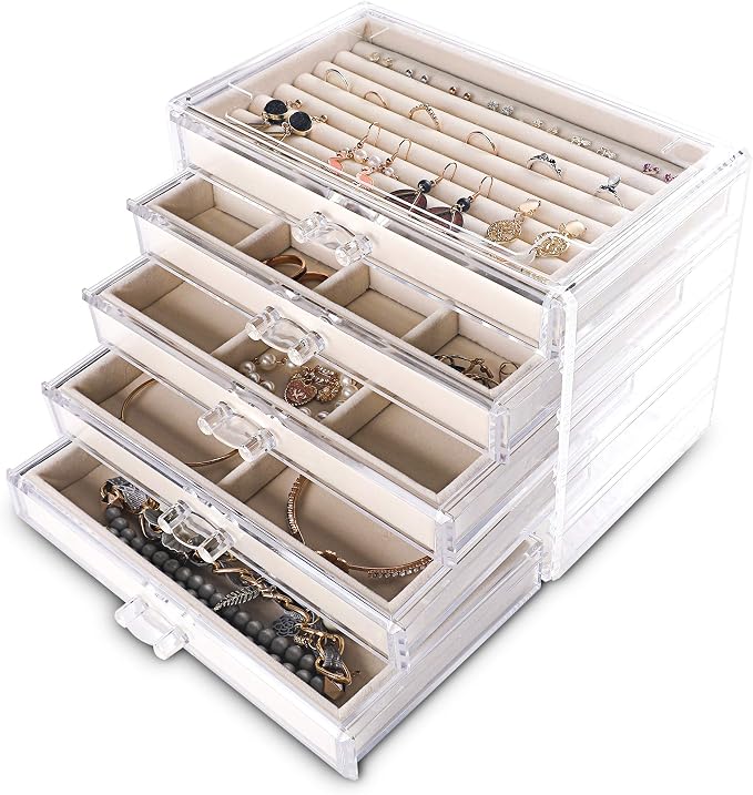 Frebeauty Extra Large Acrylic Jewelry Box for Women Girls 5 Layers Clear Velvet Earring Organizer with 5 Drawers Rings Display Case Necklaces Holder Tray (Beige) | Jewelry Storage for Rings Earrings Bracelets,Dustproof,Velvet Lining,Transparent Appeara...