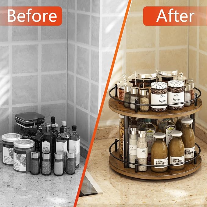 2 Tier Lazy Susan Organizer,2-Tier Spinning Spice Rack with Stable Carousel Base & 4 Height Settings for Cupboard Kitchen Countertop Dining Table Cupboard (Two-Ply(Round))
