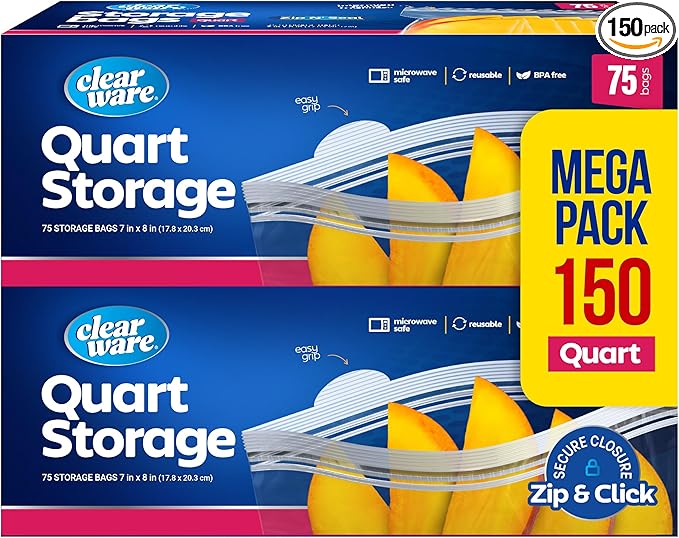 Quart Storage Bags, Double Zipper Seal - 150 Count, Resealable Thick Plastic Food Storage Bags - Microwave-Safe, Zero BPA - Reusable Containers for Lunch, Snacks, Meals - 2 Boxes