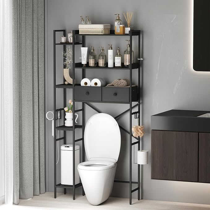 Over The Toilet Storage with 2 Drawers - 7 Tier Bathroom Organizer with Adjustable Shelf, Freestanding Space Saver Storage Rack Above Toilet Stand with Hooks for Small Restroom, Laundry(Black)