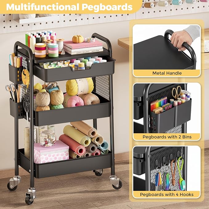 3 Tier Metal Rolling Utility Cart with Drawer & Pegboard - Multifunctional Storage Cart on Wheels with Tabletop, Hooks & Basket, Sturdy Craft & Art Cart for Bathroom, Bedroom, Children Room, Black