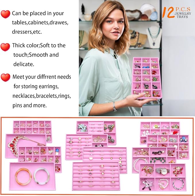 12 PCS Jewelry Trays Earriing Organizer Velvet Jewellry Drawer Box Stackable Jewelryy Dispaly Case for Rings Holder Necklace Bracelet Watch