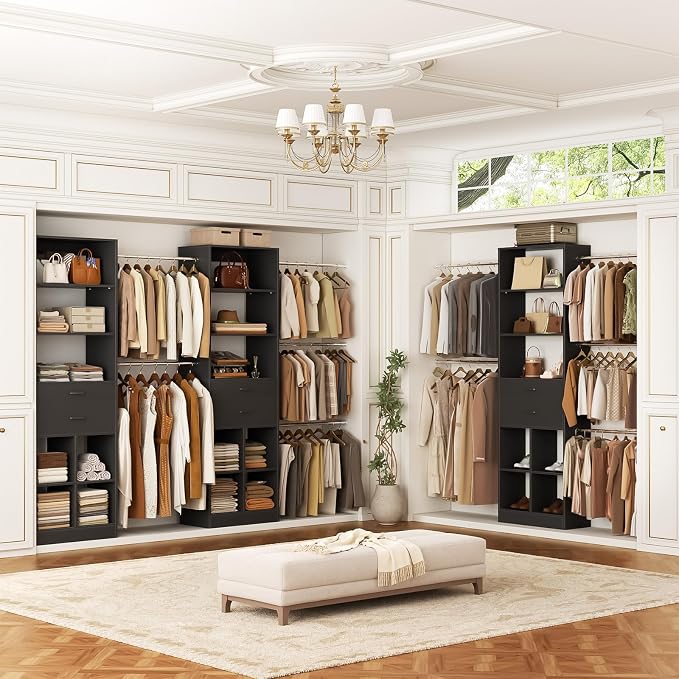 Besiost Closet System, 4-8 FT Closet Organizer System with Smart Sensor Lights, 2 Wooden Drawers and 5 Hanging Rods, Can Fit 60 to 96 inch Walk-in Closet System, Black