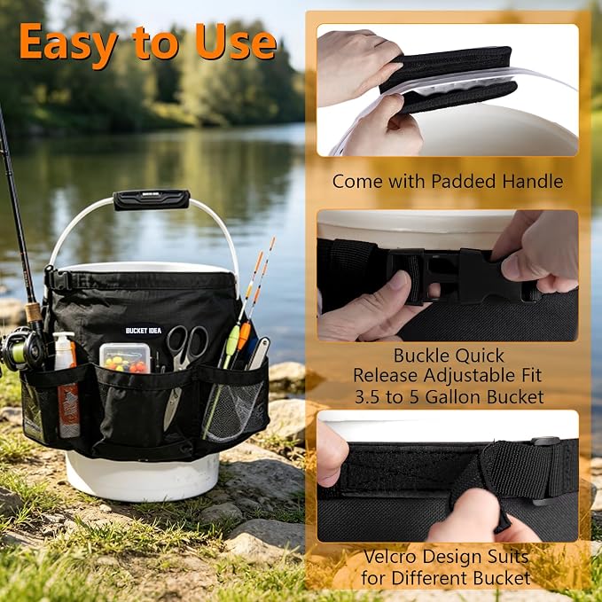 MELOTOUGH Bucket Tool Organizer Fits 5 Gallon Water-Resistant Mesh Pockets | Water Resistant, Multiple Compartments Pockets, Hold Large Brushes & Garden Tools, Fits 3.5-5 Gal Buckets, Easy to Carry