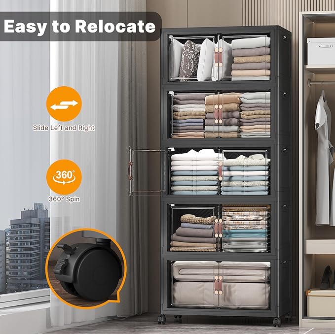 UAMFURI Stackable Storage Bins with Lids, Extra Large Plastic Organizer Cabinet Drawers, 560QT Collapsible Closet Containers with Doors and Wheels,For Bedroom, Kitchen, Office, Garage,(5Pack Cube)