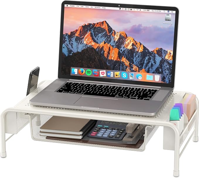 Simple Houseware Metal Desk Monitor Stand Riser w/ Organizer Drawer, White | Side Storage for Office Supplies