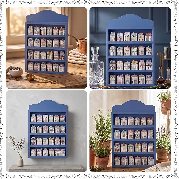 Chunful Vintage Spice Jar Wooden Rack Blue Retro Spice Shelf for 24 Jars, Village Style Wall Mounting Kitchen Storage Decorative Hanging Display Rack, Shelf Only