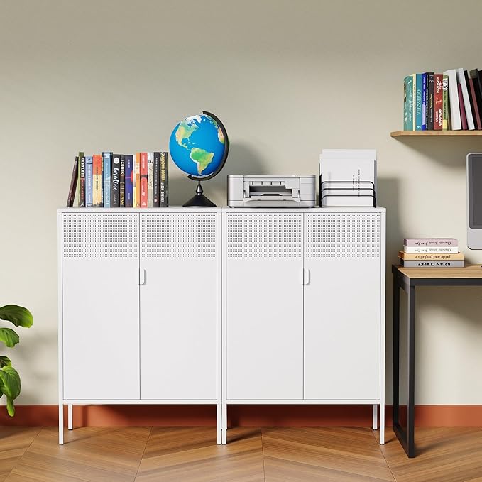 Ustamio 2 Door Accent White Metal Storage Cabinet with Adjustable Shelves and Air Vent Doors, 3 Tier Metal Sideboard Cabinet for Home, Office, Entryway, Hallway, Assembly Required, (LC-WGG-W)