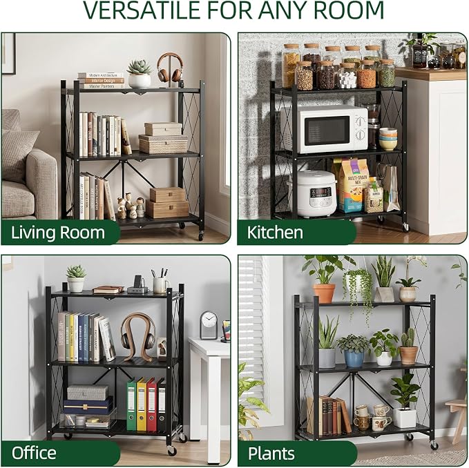 3-Tier Foldable Storage Shelf with Wheels – Heavy Duty 550 LBS Capacity, Collapsible Metal Steel Rolling Rack for Garage, Kitchen, Pantry, Office – Black