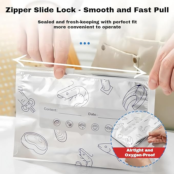 Reusable Aluminum Foil Sealable Storage Bags, 2026 New Resealable Stand Up Zipper Pouches with Label for Food Storage, Freezer Safe Leak Proof Foil Bags for Meat, Fruit, Vegetables (10 XL)