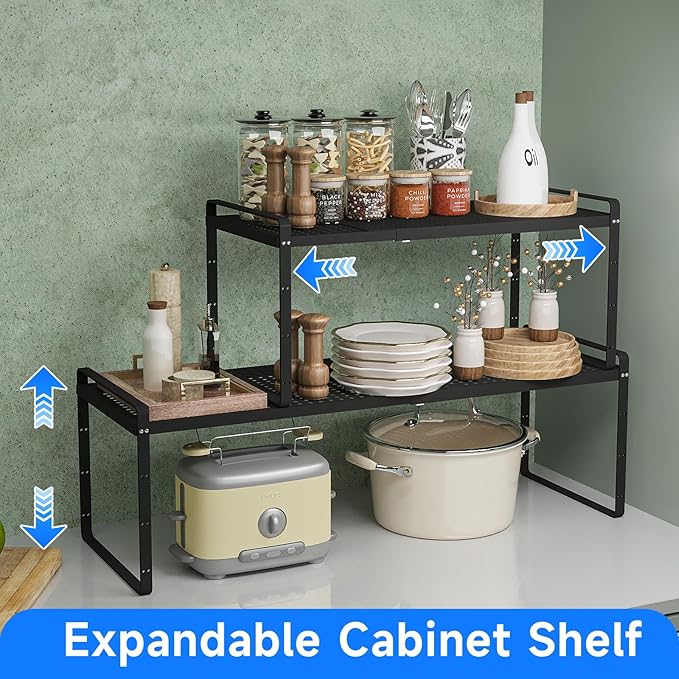 Expandable Kitchen Shelf Organizers, Kitchen Cabinet Organizer Stand Rack Organization for Countertop Office Desktop Spice Rack, Black 2 Pack