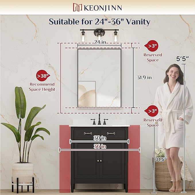 Keonjinn 24 x 32 Inch Black Mirror for Wall, Rectangle Bathroom Vanity Mirrors for Over Sink, Metal Framed Farmhouse Mirror, Square Corner Brushed Rectangular Mirror(Horizontal/Vertical)