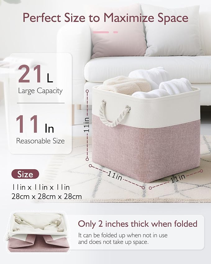 Patvingot 11 Inch Cube Storage Bins, 4 Pack Fabric Storage Cubes with Rope Handles, Organizer Baskets for Closet Shelves, Clothes and Home Organization(White/Pink)