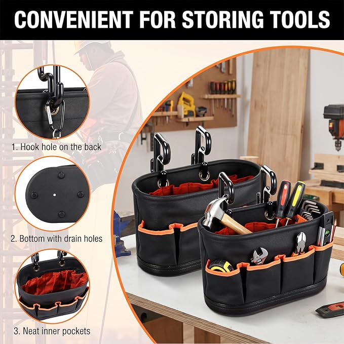 Hard Tool Bucket with 2 Hooks, Drain holes, 10 Pockets(1 Pcs)