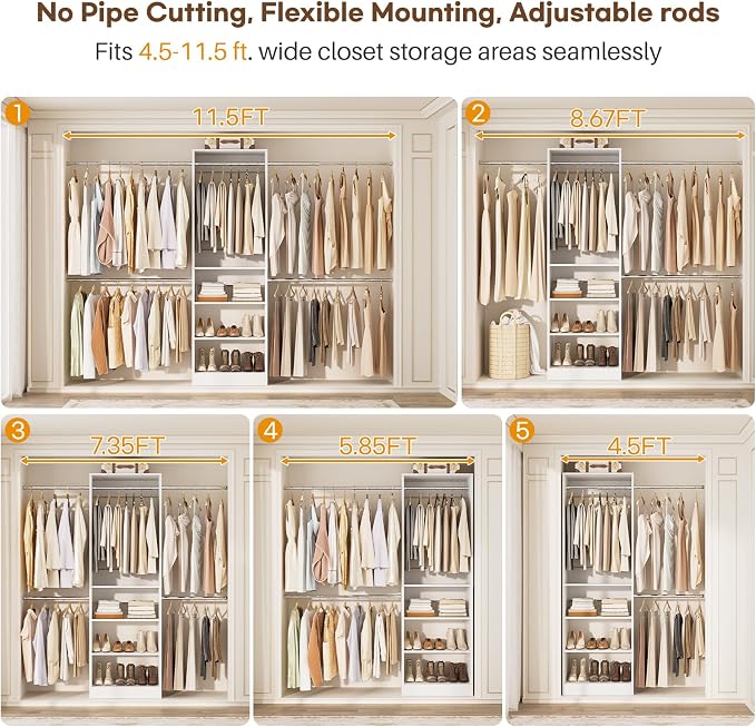 Homieasy Closet System, 4.5-11.5 Ft Expandable Closet Organizer with 5 Hanging Rods, Walk-in Wood Closet Organizer System with Storage Tower, Heavy Duty Garment Rack Wardrobe for Bedroom, White