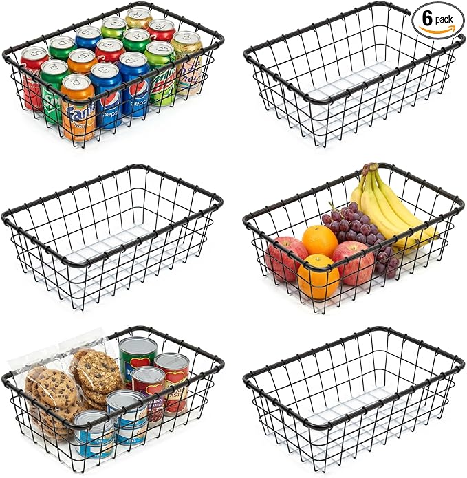 6PK Wire Baskets for Organizing, Baskets for Pantry Organization, Baskets for Snack, Fruits, Cans, Toys, Kitchen Cabinets, Closet Storage