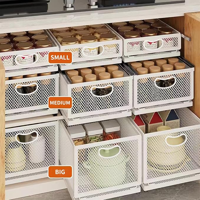 Sliding Cabinet Basket Organizer Drawer Self Adhesive Slide out Pantry Shelves Heavy Duty Carbon Steel Slide Cabinet Storage Basket with Handle for Bathroom Kitchen Home
