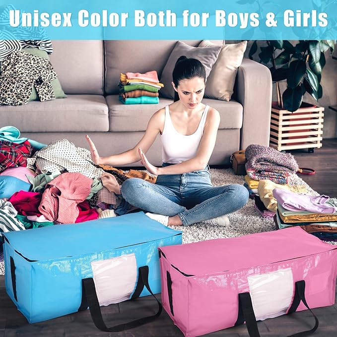 6 Pack Heavy Duty Extra Large Dorm Moving Bags with Visible Window and Reinforced Handles Heavy Duty Storage Tote for Space Saving Moving Supplies Clothes College Students(Pink Purple Blue)