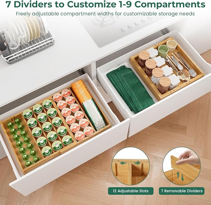 EsLuker.ly Bamboo Coffee Pod K Cup Holder Organizer for Drawer Insert Counter, Expandable Coffee Tea Storage Tray Compatible with Nespresso Vertuo Capsules - Easy Access for Office Home Kitchen