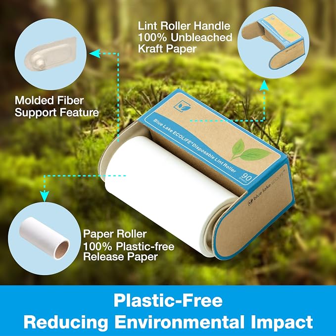 Blue Lake ECOLIFE Plastic-Free Lint Roller – 4-Pack (360 Sheets) | Extra Sticky & Eco-Lint Remover| Ideal for Clothes, Furniture & Carpet(4 Pack-360 Sheets)