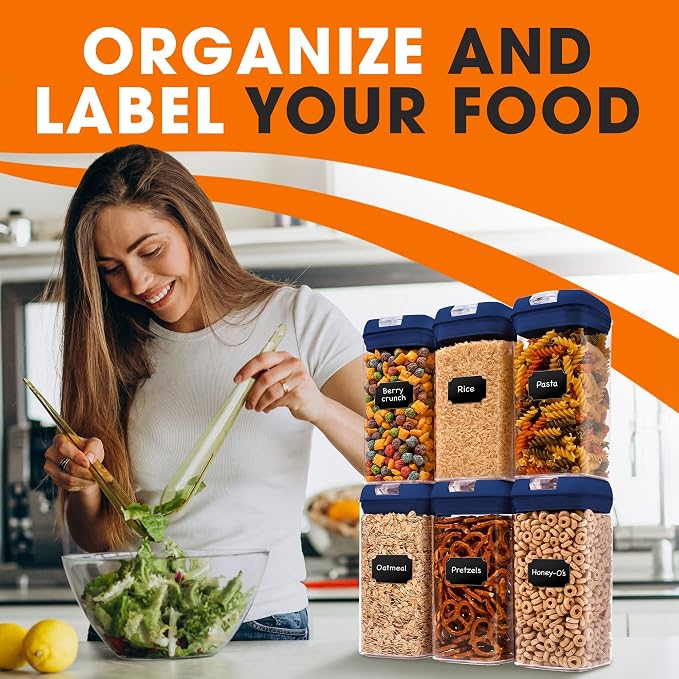 Set of 6 Airtight Food Storage Containers - Pantry Organizer Bins, BPA Free Plastic Containers plus Dry Erase Marker and Labels, Navy
