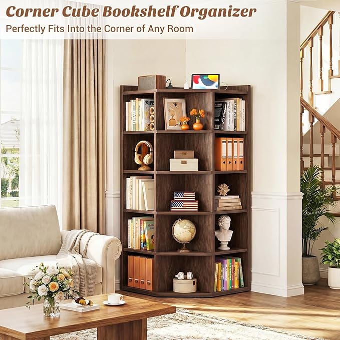 Aheaplus Corner Cube Book Shelf, 6-Tier Corner Cabinet with Power Outlets, Corner Cube Storage Shelf with Top Table, Wooden L Shaped Cubby Bookcase for Home Office, Bedroom, Living Room, Black Walnut