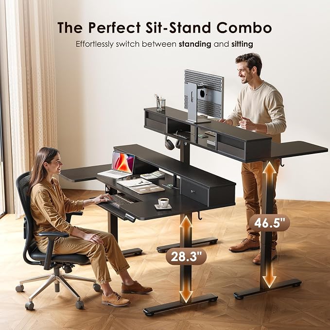 OffiGo 55 Inch U Shape Standing Desk with Keyboard Tray & Drawers, Black | 3 Outlets & 2 USB Ports, Dual-Monitor Stand, 10 Colors & 10 LED Modes, 3 Presets, 28.3"-46.5"in Range, 154 lb Capacity