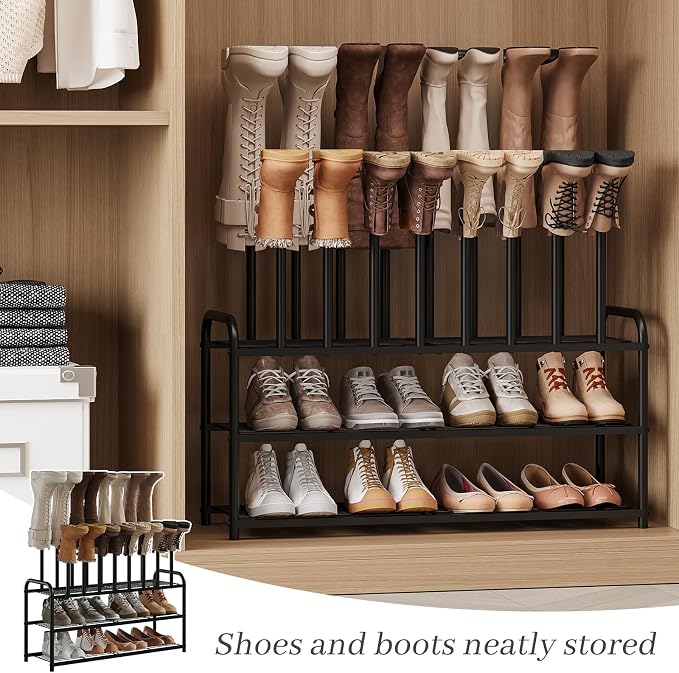 Kitsanery Shoe Rack, 100% Metal Boot Rack Organizer for Entryway, Closet & Garage, Free Standing Shoe Shelf for Storage Tall Boots, Sneakers, Cowboy Boots, Black (Large - 8 Pairs)