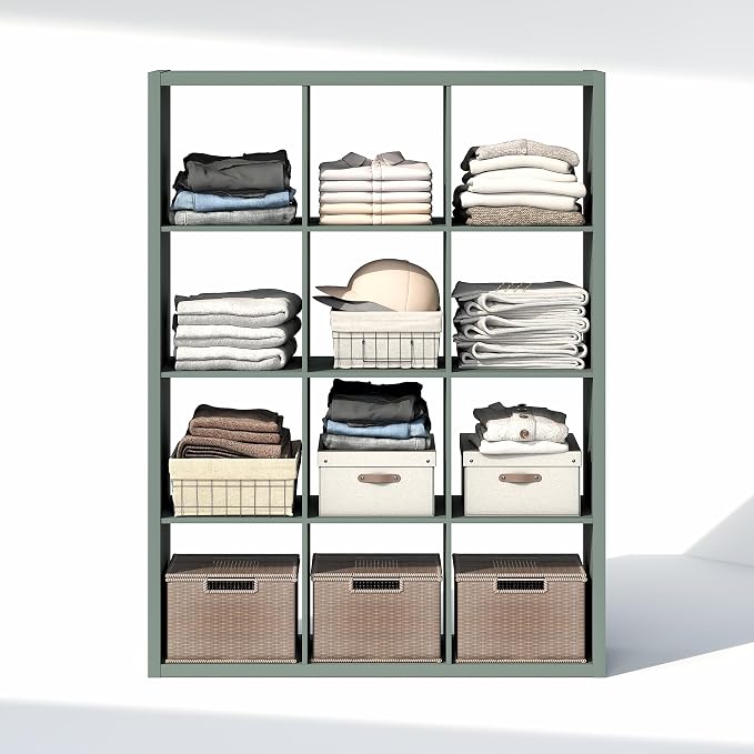 Furinno Cubic Extra Thick 12-Cube Closet Organizers and Storage, Sage Green | 14.6 x 44 x 58 in, Open Shelf Closet Storage, Closet Organizer, for Wardrobe, Bedroom, Living Room