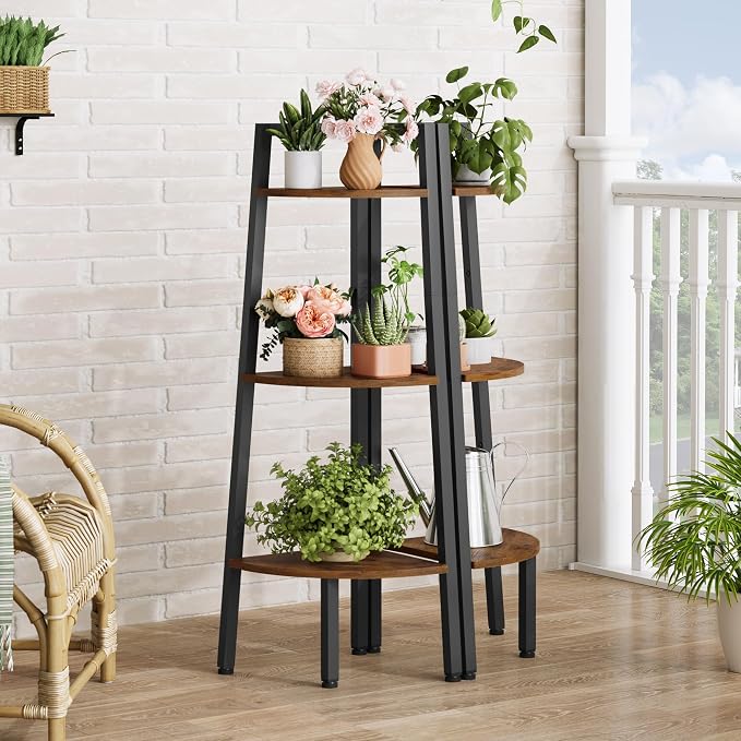 Hoctieon Corner Shelf, 3-Tier 40" Tall Corner Bookshelf, Rustic Ladder Shelf, Industrial Display Stand for Living Room, Kitchen, Home Office, Balcony, Small Space, Metal Frame, Rustic Brown