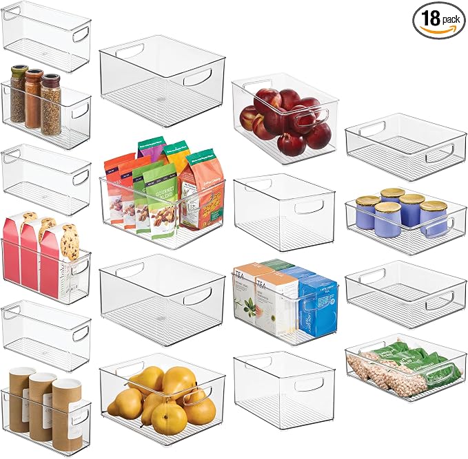 iDesign Stackable Plastic Handle Bin Storage Organizers, 18 Pack, Clear | For Kitchen, Fridge, Pantry, Home, Assortment Set