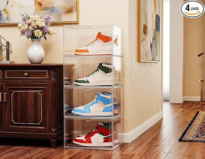 4 Pack Thickened Shoe Boxes Clear Plastic Stackable, Substantial Sneaker Storage Organizers with Lids, Collapsible, Large Magnetic Door, Heavy Duty, Fit Up to US Size 14