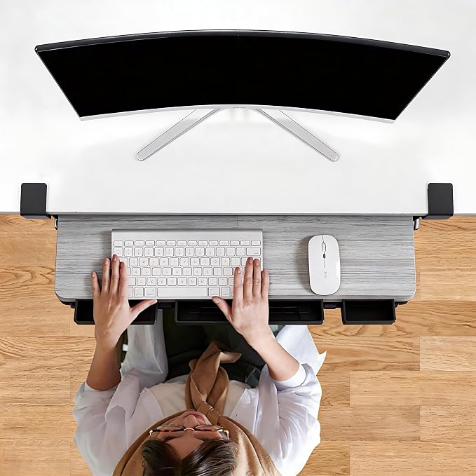 Keyboard Tray Under Desk with Drawer,26.77" X 11.81" Keyboard Tray Large Size with C Clamp-on Mount, Easy to Install, Save Space for Office Desk (Grey)