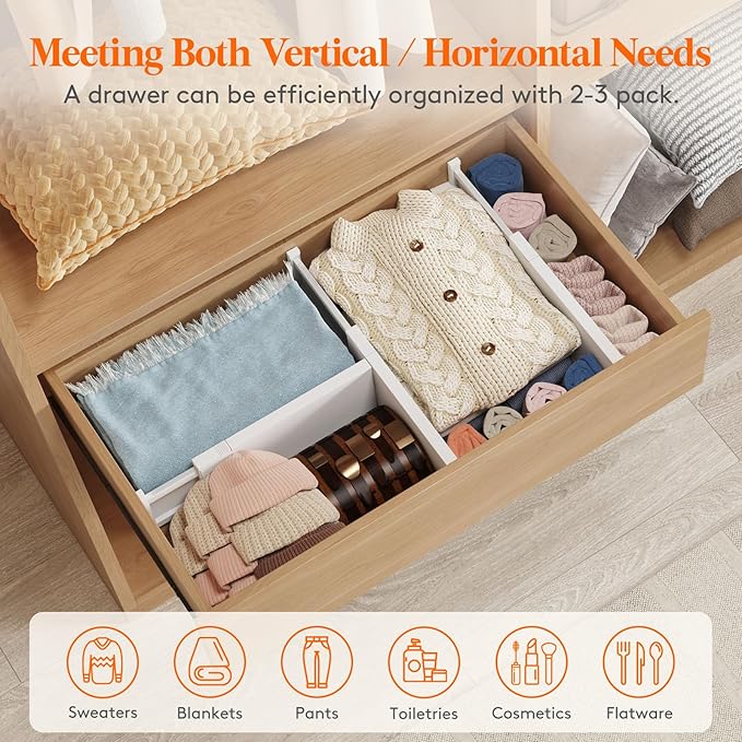 Lifewit 4 Pack 5" High Drawer Dividers 34-56cm/13.5-22" Adjustable Drawer Organizer for Clothes/Utensils, Expandable Drawer Separator in Dresser/Kitchen/Bedroom/Office Organization & Storage White