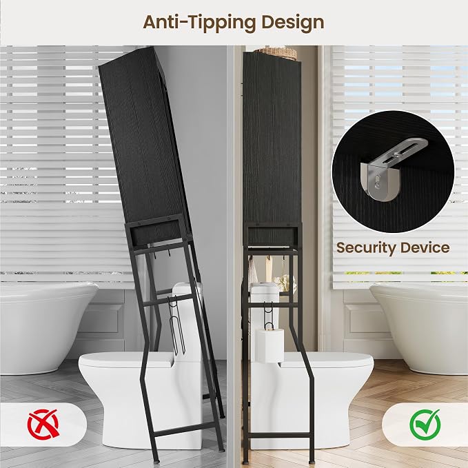 Memobarco Over The Toilet Storage Cabinet with 2-Door & Metal Stand, Black | Toilet Paper Holder, 3 Extra Hooks, Anti-Tipping Device, With Adjustable Shelves, for Bathroom, Restroom, Laundry
