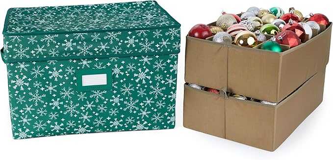 Covermates Keepsakes Adjustable Ornament Storage Box – Heavy-Duty Polyester, Padded Dividers & FlexGrid Trays – Protective Holiday Organizer with Stackable Walls & Label Window, Green Snowflake