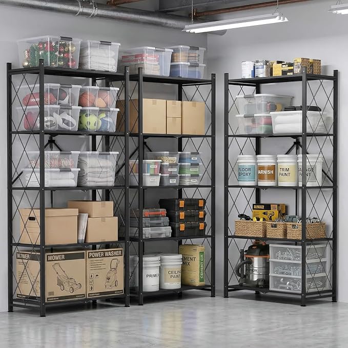 DEANIC 70.7" Tall Extra Large 5-Tier Folding Storage Shelf with Wheels, No Assembly Collapsible Metal Rack with Leveling Feet for Garage, Pantry, Basement, Vendor Display, Kitchen(Black,2 Pack)
