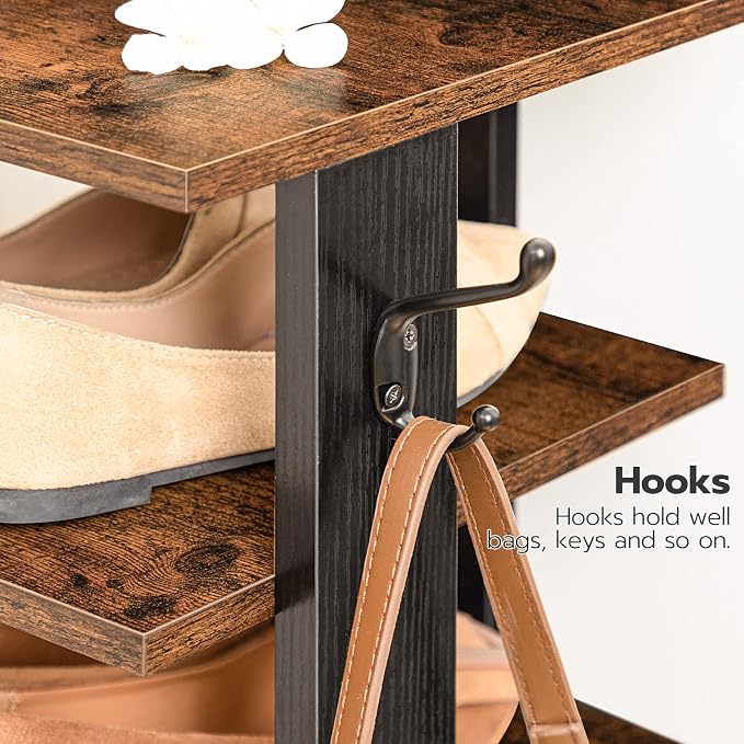 HOOBRO 8 Tiers Vertical Shoe Rack, Wooden Shoe Storage Organizer with Hooks, Narrow Shoe Tower for 8 Pairs, Space Saving, for Entryway, Living Room, Bedroom, Rustic Brown BF07XJ01G1